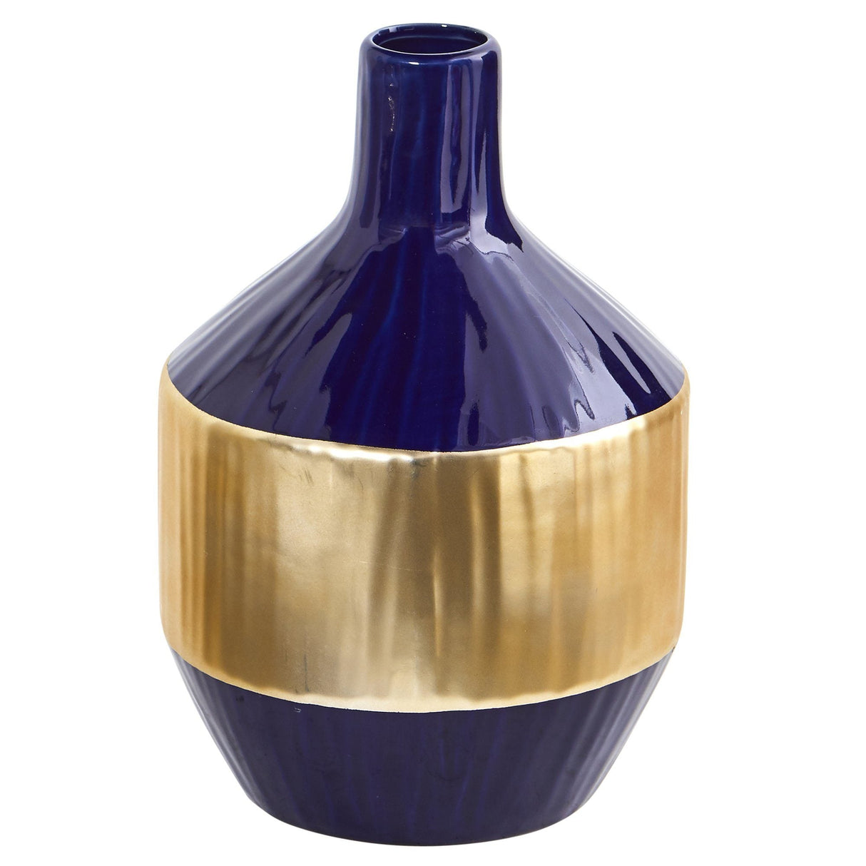 9” Lux Blue Ceramic Vase with Gold Band-Parc Decor