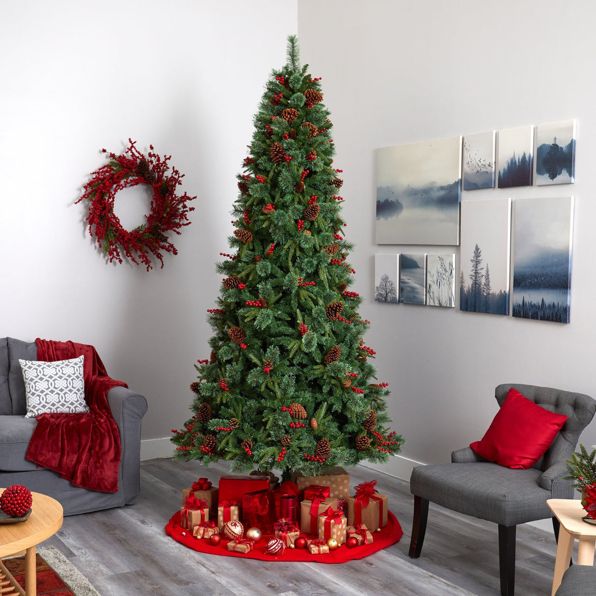 9’ Norway Mixed Pine Artificial Christmas Tree with 650 Clear LED Lights, Pine Cones and Berries-Parc Decor