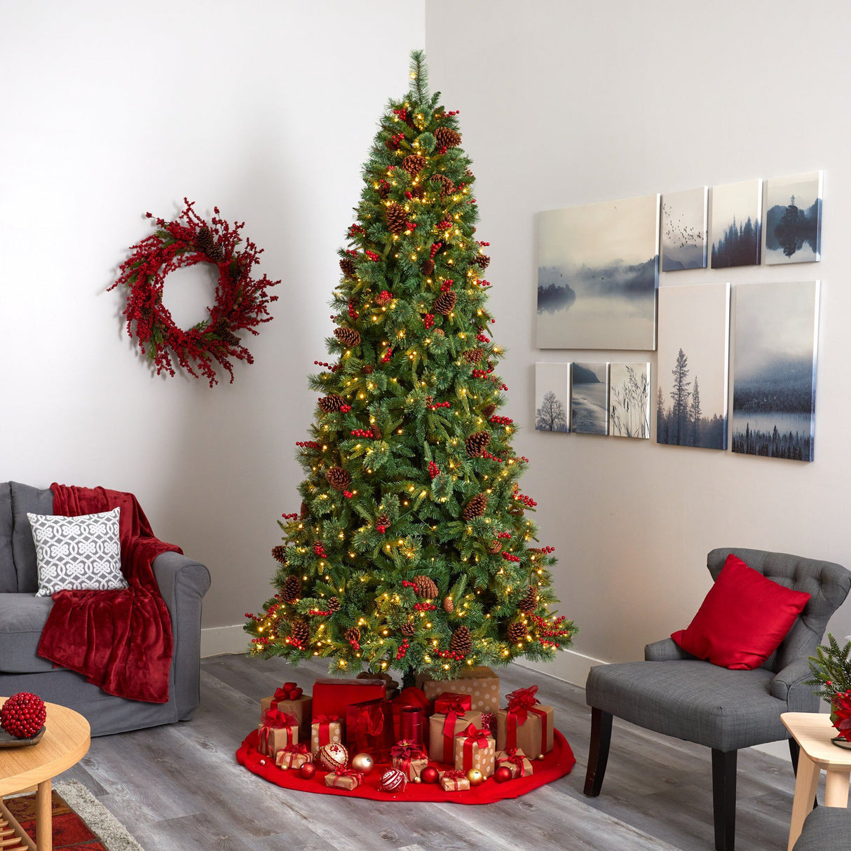 9’ Norway Mixed Pine Artificial Christmas Tree with 650 Clear LED Lights, Pine Cones and Berries-Parc Decor