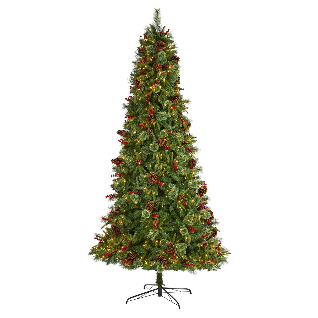9’ Norway Mixed Pine Artificial Christmas Tree with 650 Clear LED Lights, Pine Cones and Berries-Parc Decor