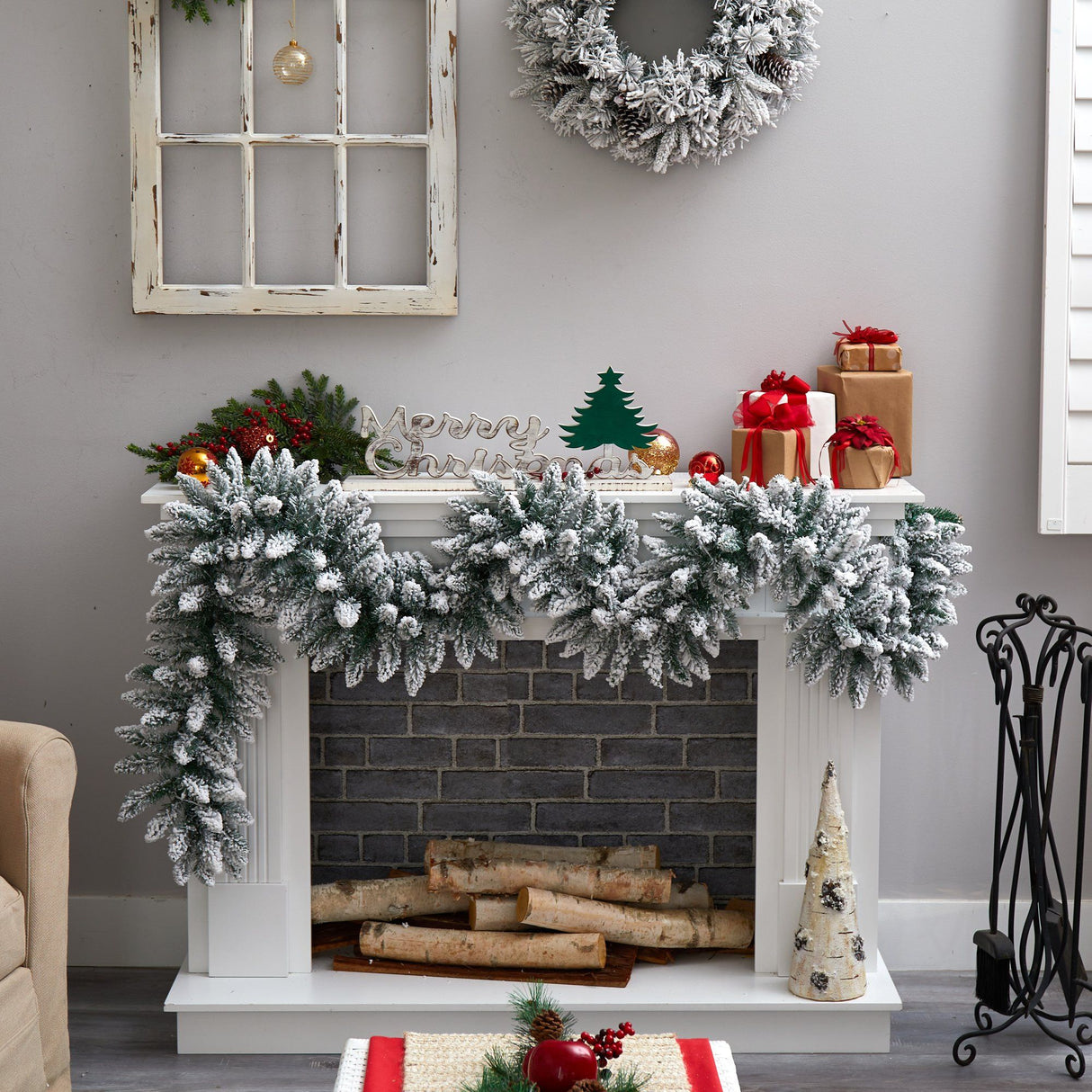 9’ Flocked Artificial Christmas Garland with 50 Warm White LED Lights-Garland-Parc Decor