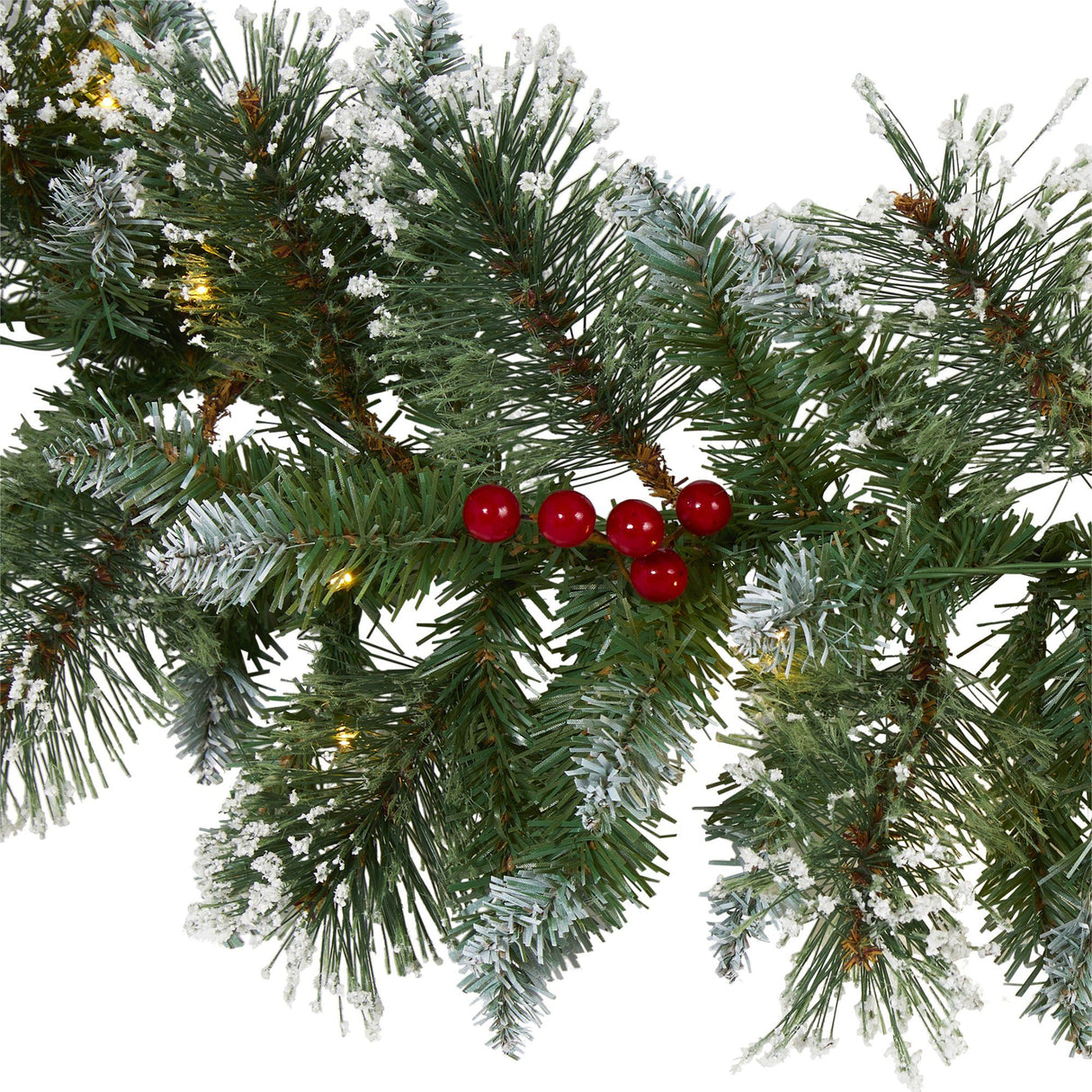9’ Frosted Swiss Pine Artificial Garland with 50 Clear LED Lights and Berries-Garland-Parc Decor