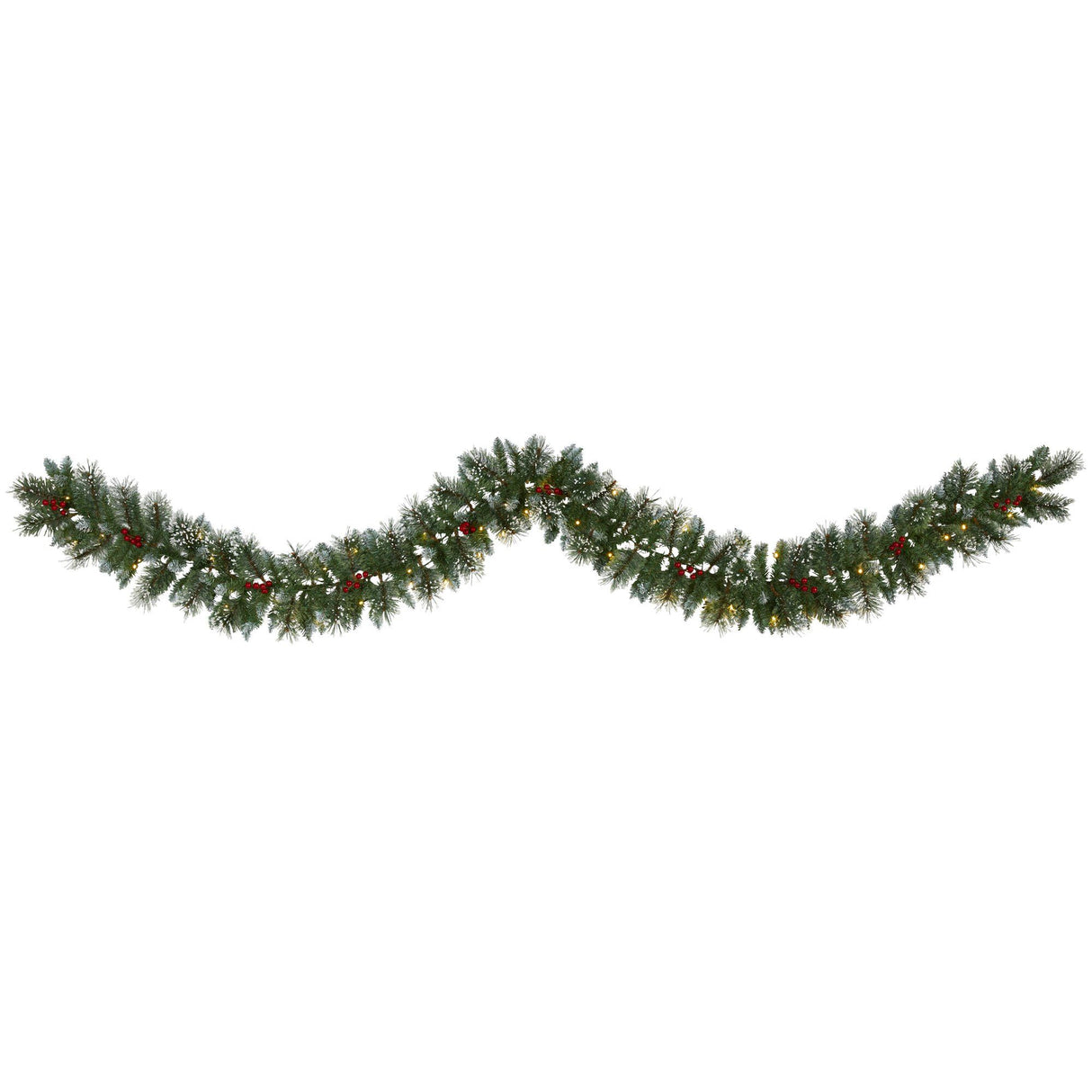 9’ Frosted Swiss Pine Artificial Garland with 50 Clear LED Lights and Berries-Garland-Parc Decor