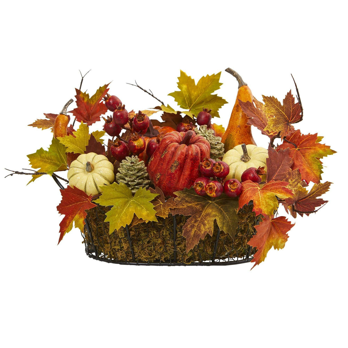 9" Pumpkin, Gourd, Berry and Maple Leaf Artificial Arrangement"-Arrangement-Parc Decor