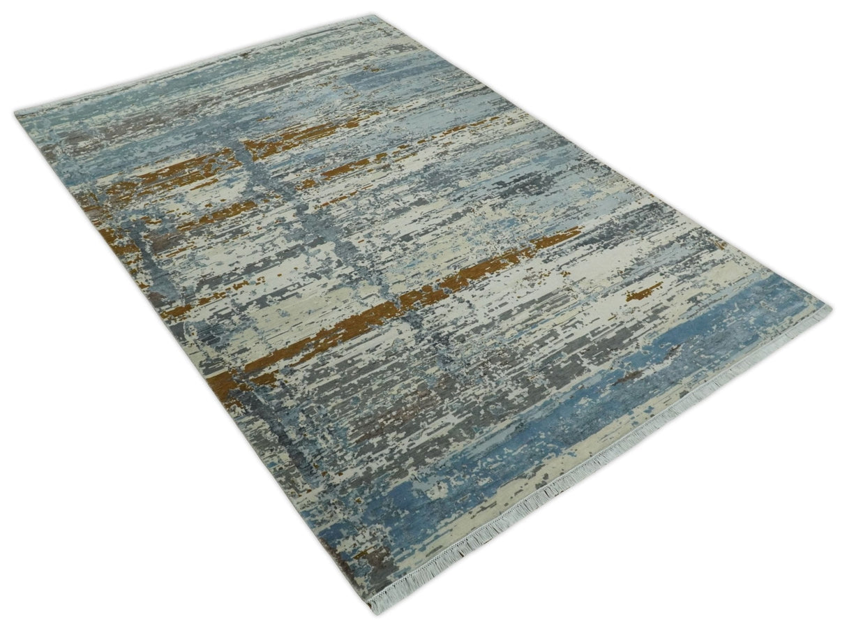 9x12 Fine Hand Knotted Ivory and Blue Modern Abstract Style Wool and Silk Area Rug