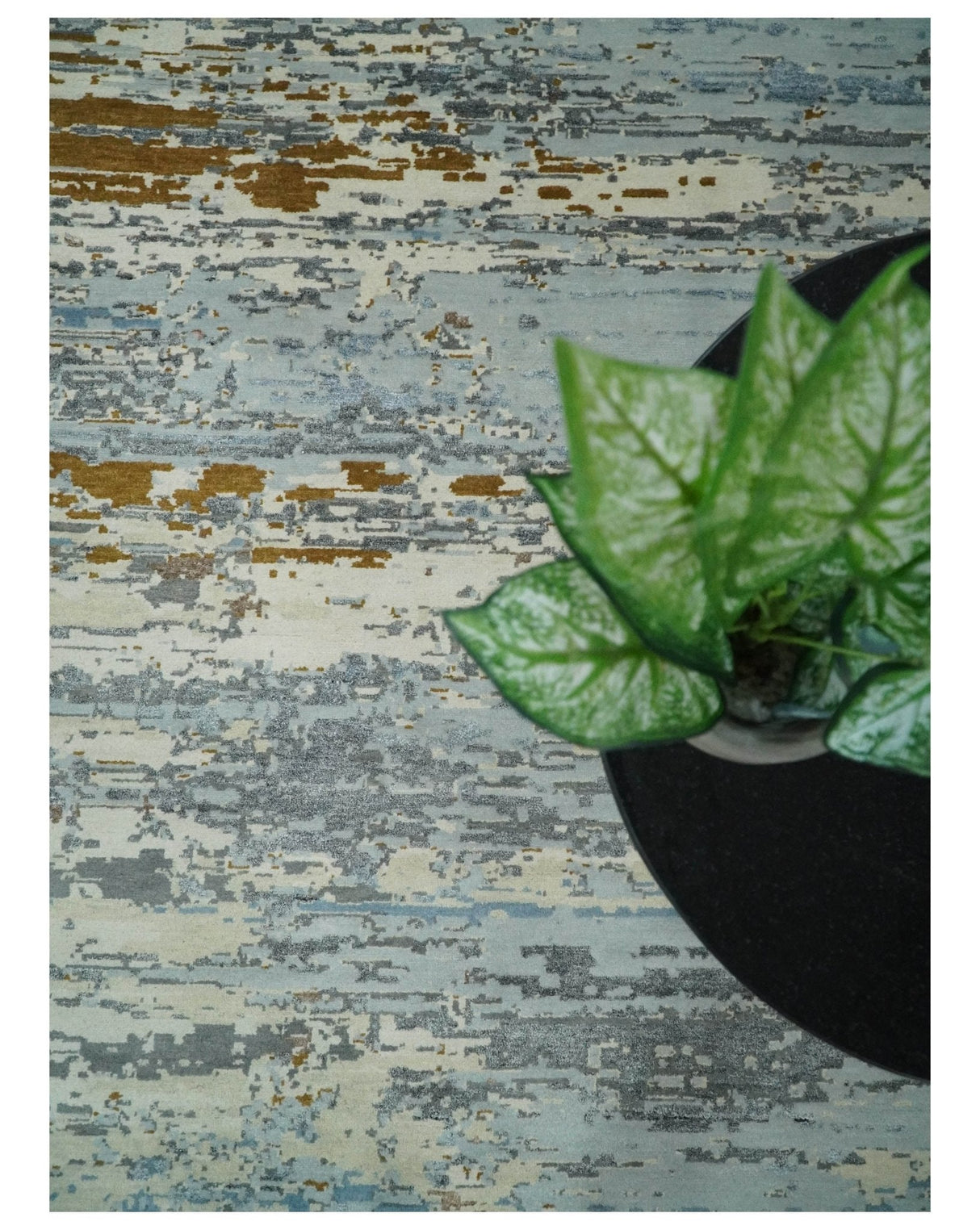 9x12 Fine Hand Knotted Ivory and Blue Modern Abstract Style Wool and Silk Area Rug