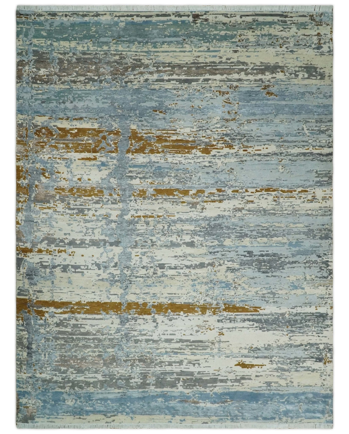 9x12 Fine Hand Knotted Ivory and Blue Modern Abstract Style Wool and Silk Area Rug