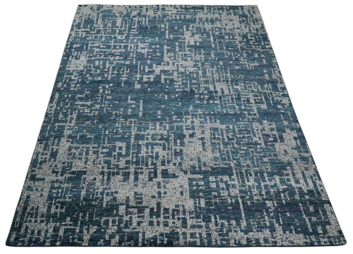 9x12 Hand Knotted Blue and Silver Modern Abstract Contemporary Recycled Silk Area Rug