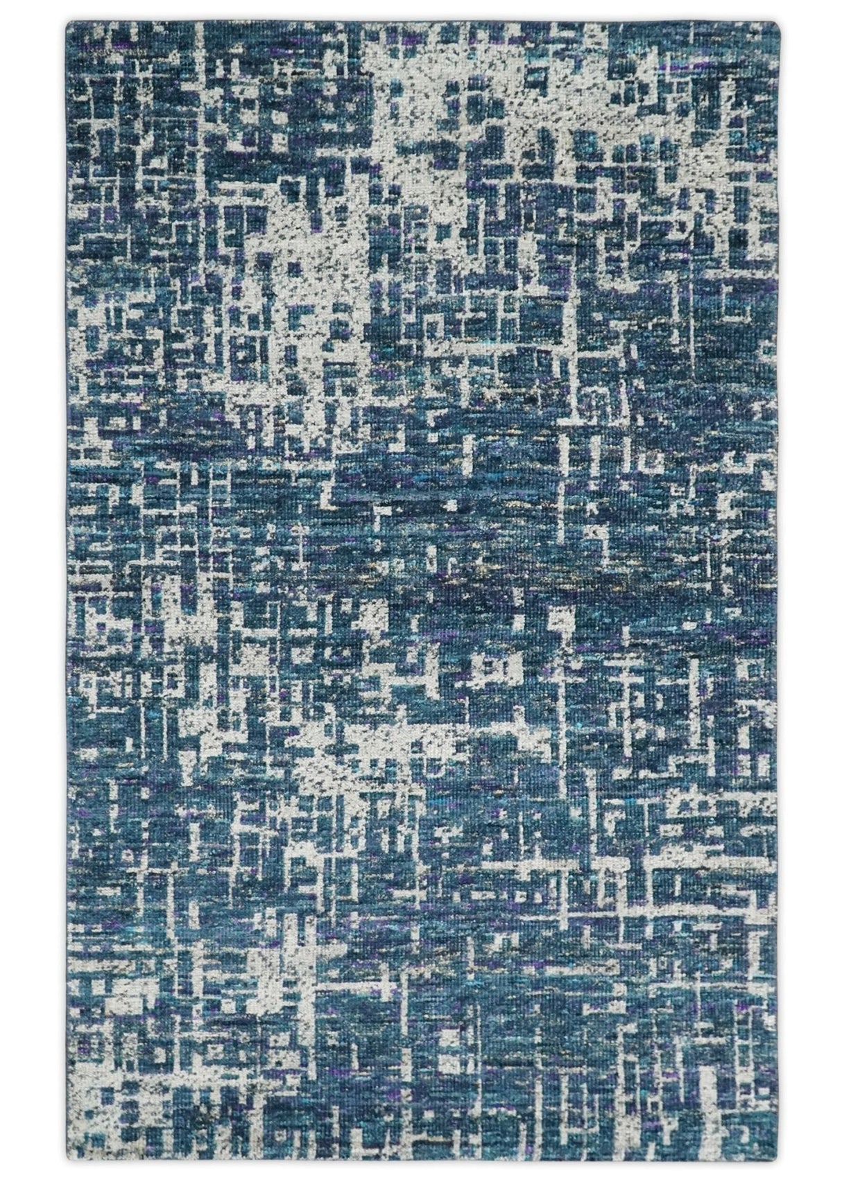 9x12 Hand Knotted Blue and Silver Modern Abstract Contemporary Recycled Silk Area Rug