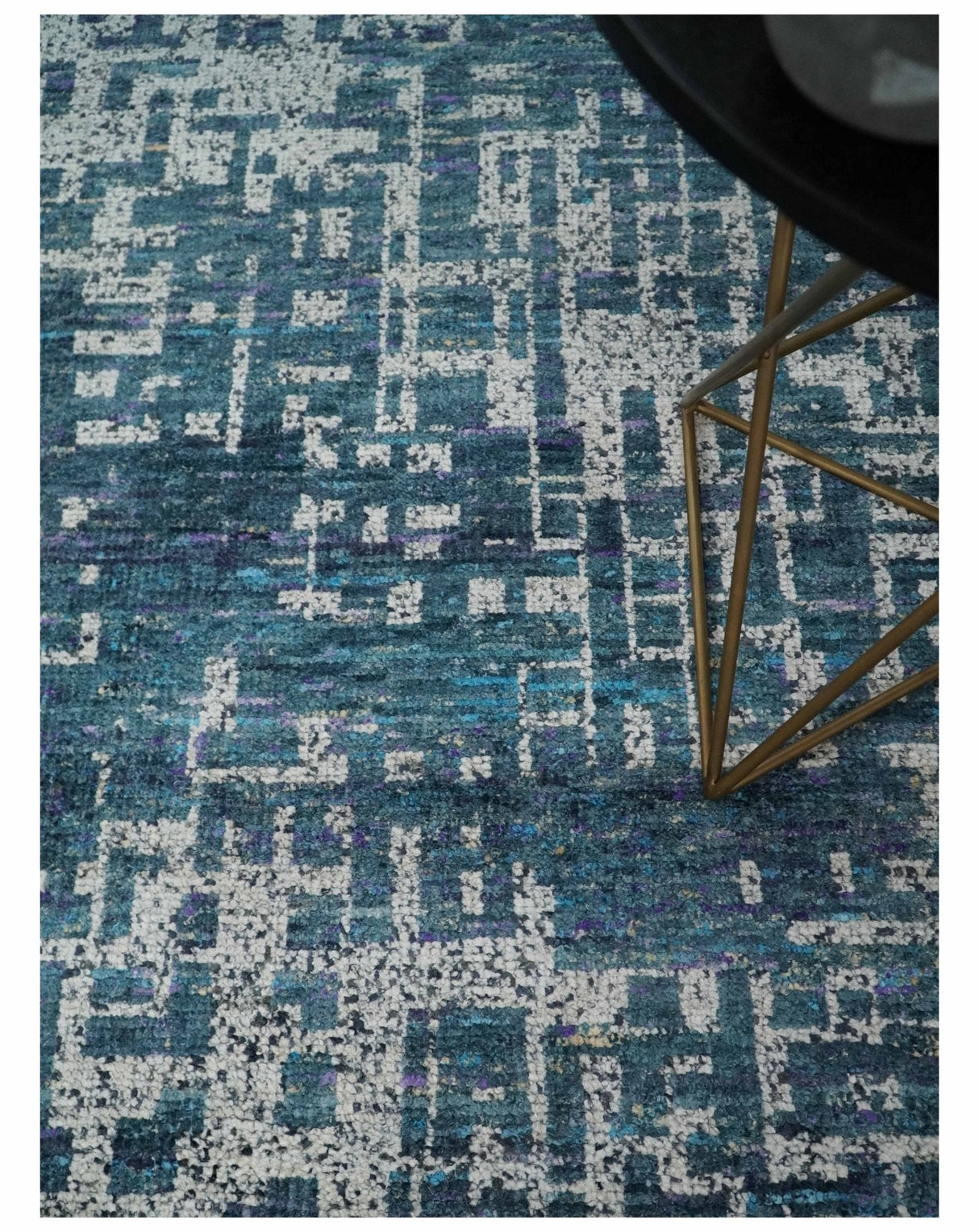 9x12 Hand Knotted Blue and Silver Modern Abstract Contemporary Recycled Silk Area Rug