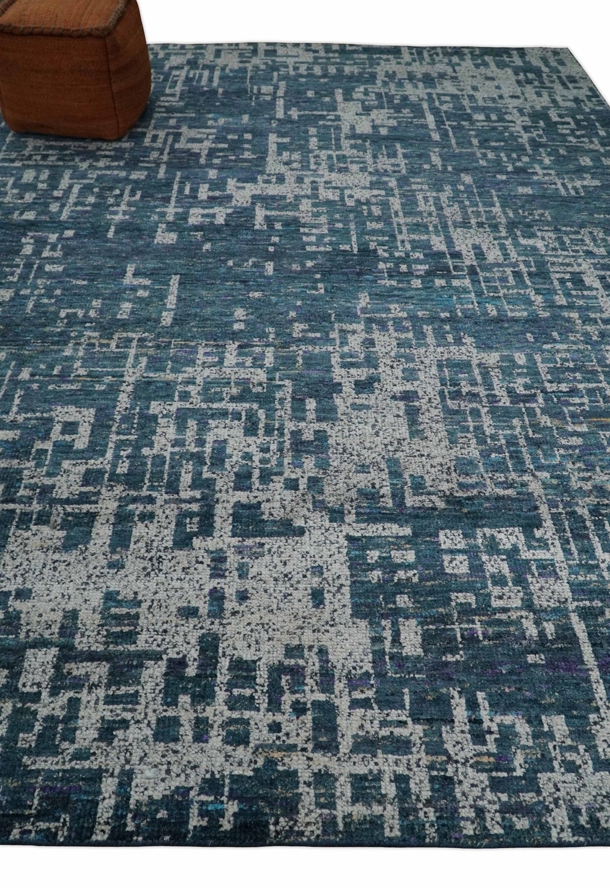 9x12 Hand Knotted Blue and Silver Modern Abstract Contemporary Recycled Silk Area Rug