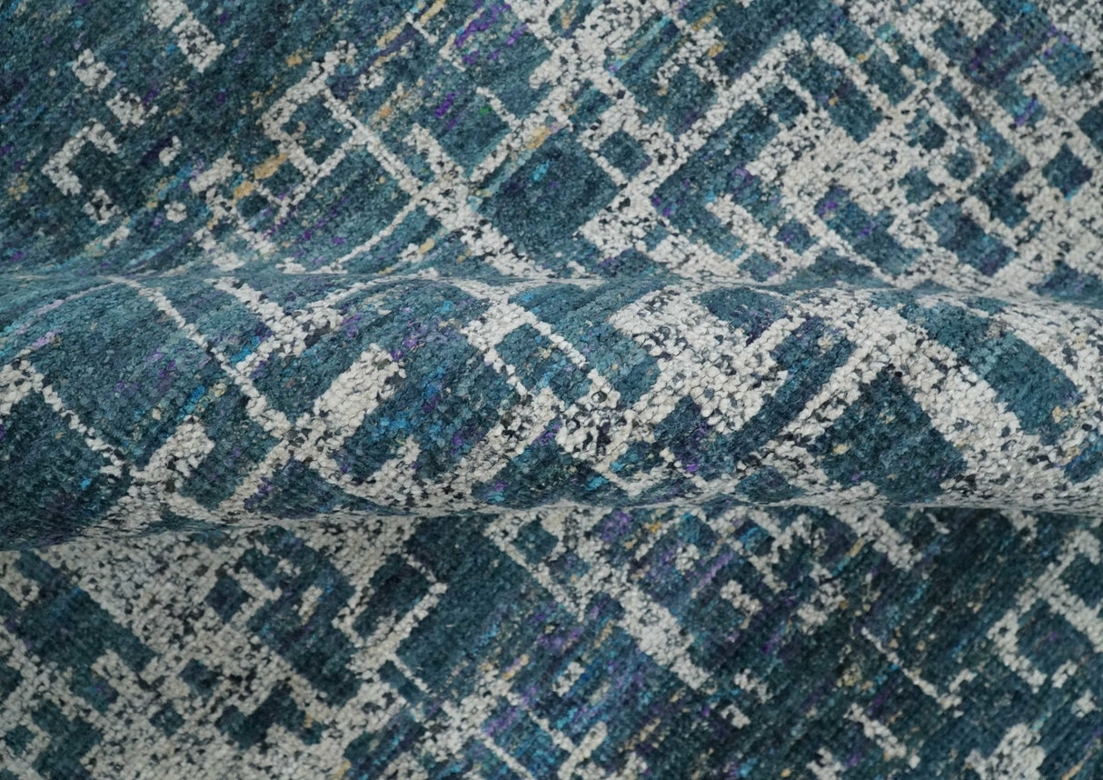 9x12 Hand Knotted Blue and Silver Modern Abstract Contemporary Recycled Silk Area Rug