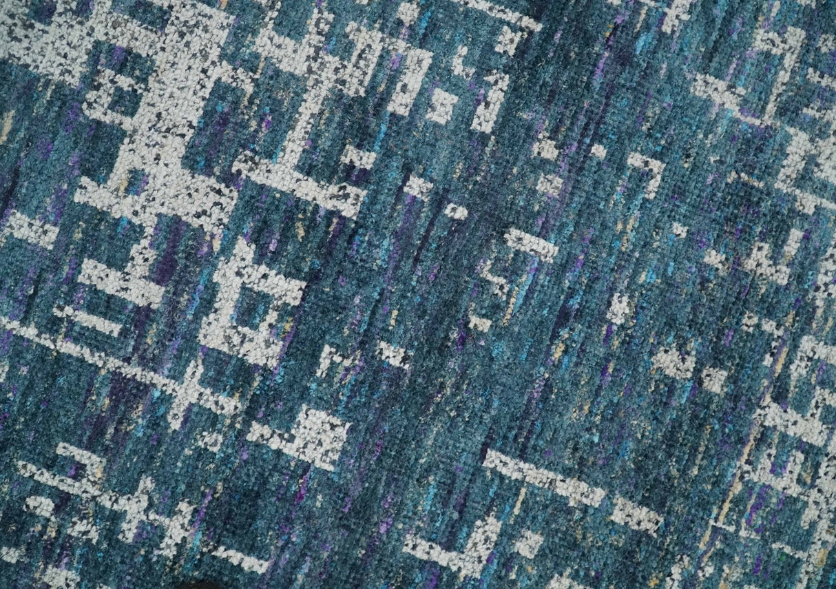 9x12 Hand Knotted Blue and Silver Modern Abstract Contemporary Recycled Silk Area Rug