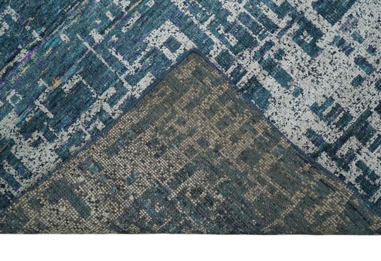 9x12 Hand Knotted Blue and Silver Modern Abstract Contemporary Recycled Silk Area Rug
