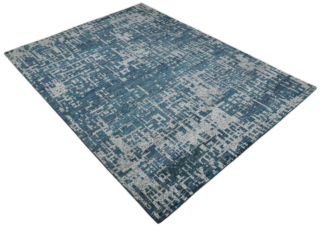 9x12 Hand Knotted Blue and Silver Modern Abstract Contemporary Recycled Silk Area Rug