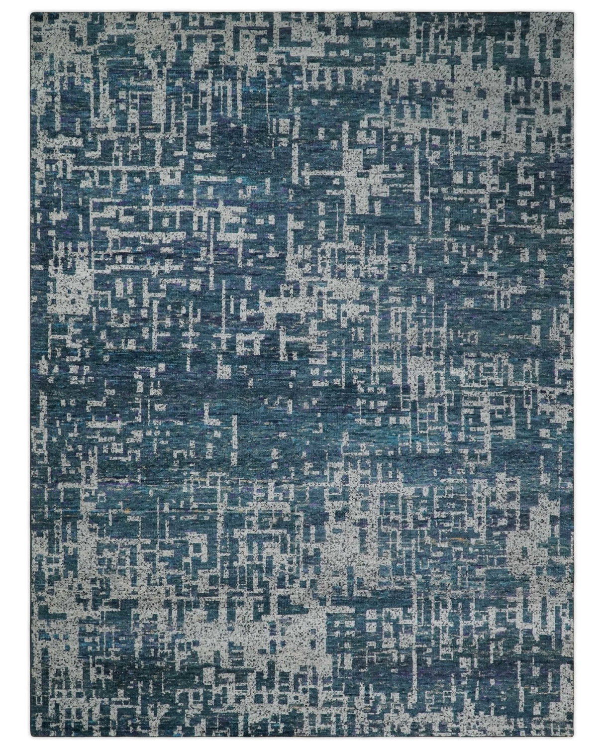 9x12 Hand Knotted Blue and Silver Modern Abstract Contemporary Recycled Silk Area Rug
