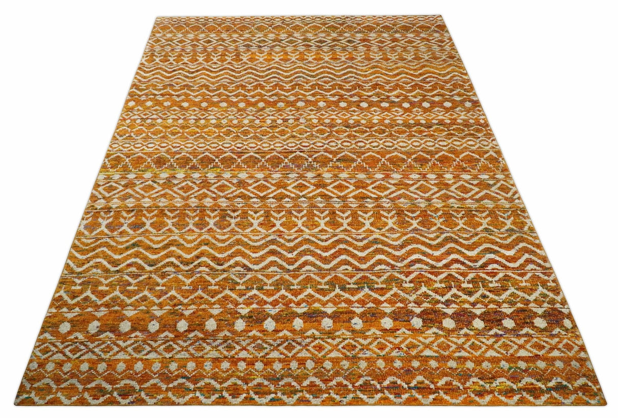 9x12 Hand Knotted Gold and White Modern Contemporary Southwestern Tribal Trellis Recycled Silk Area Rug
