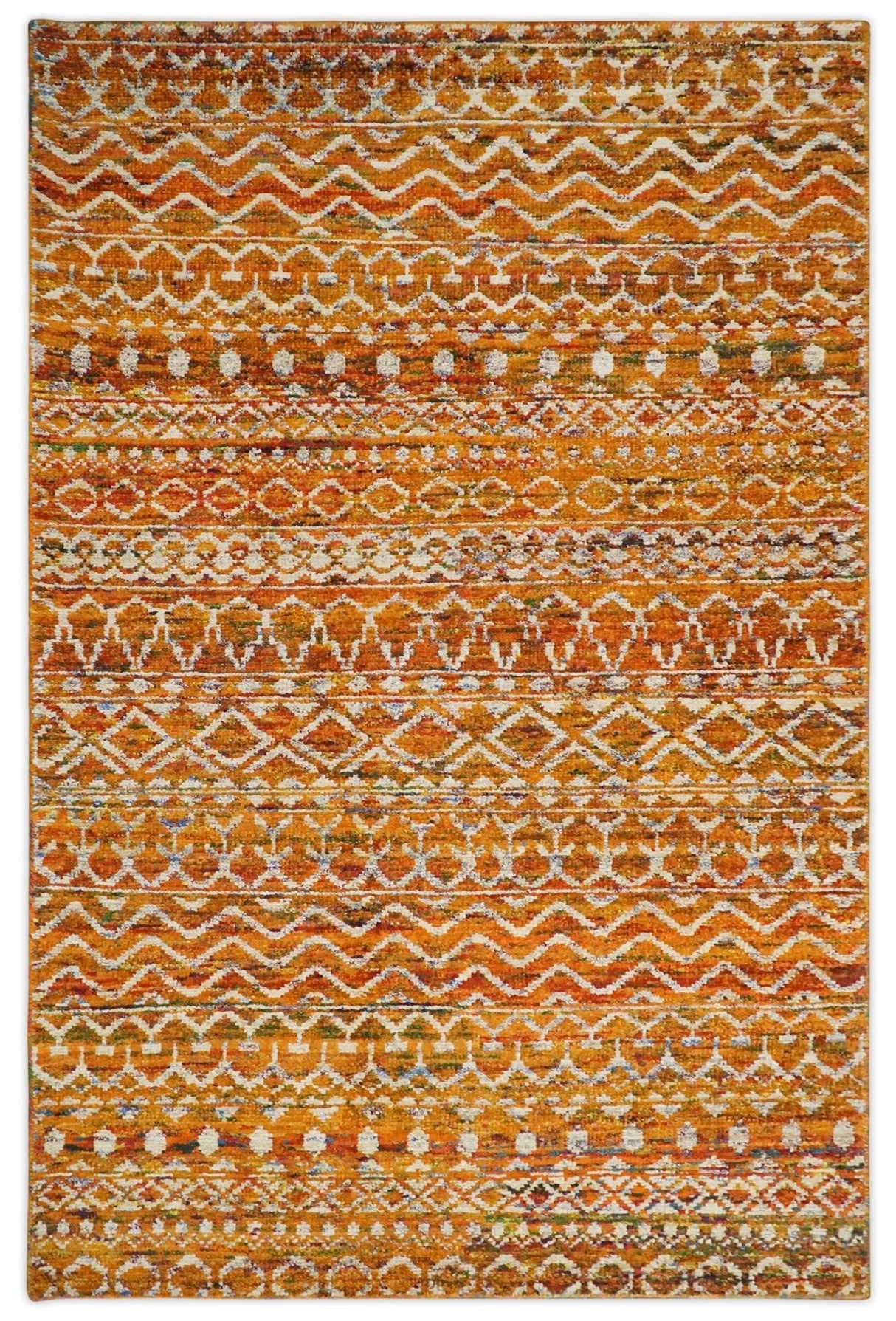 9x12 Hand Knotted Gold and White Modern Contemporary Southwestern Tribal Trellis Recycled Silk Area Rug