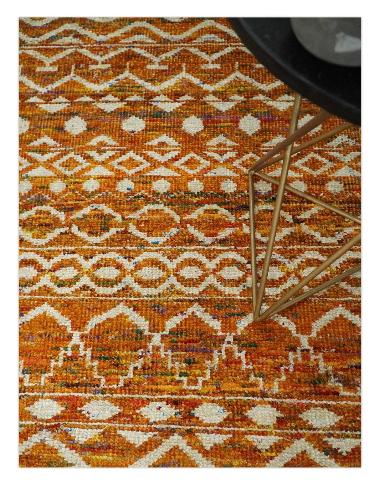 9x12 Hand Knotted Gold and White Modern Contemporary Southwestern Tribal Trellis Recycled Silk Area Rug
