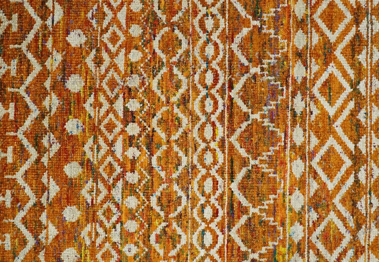 9x12 Hand Knotted Gold and White Modern Contemporary Southwestern Tribal Trellis Recycled Silk Area Rug