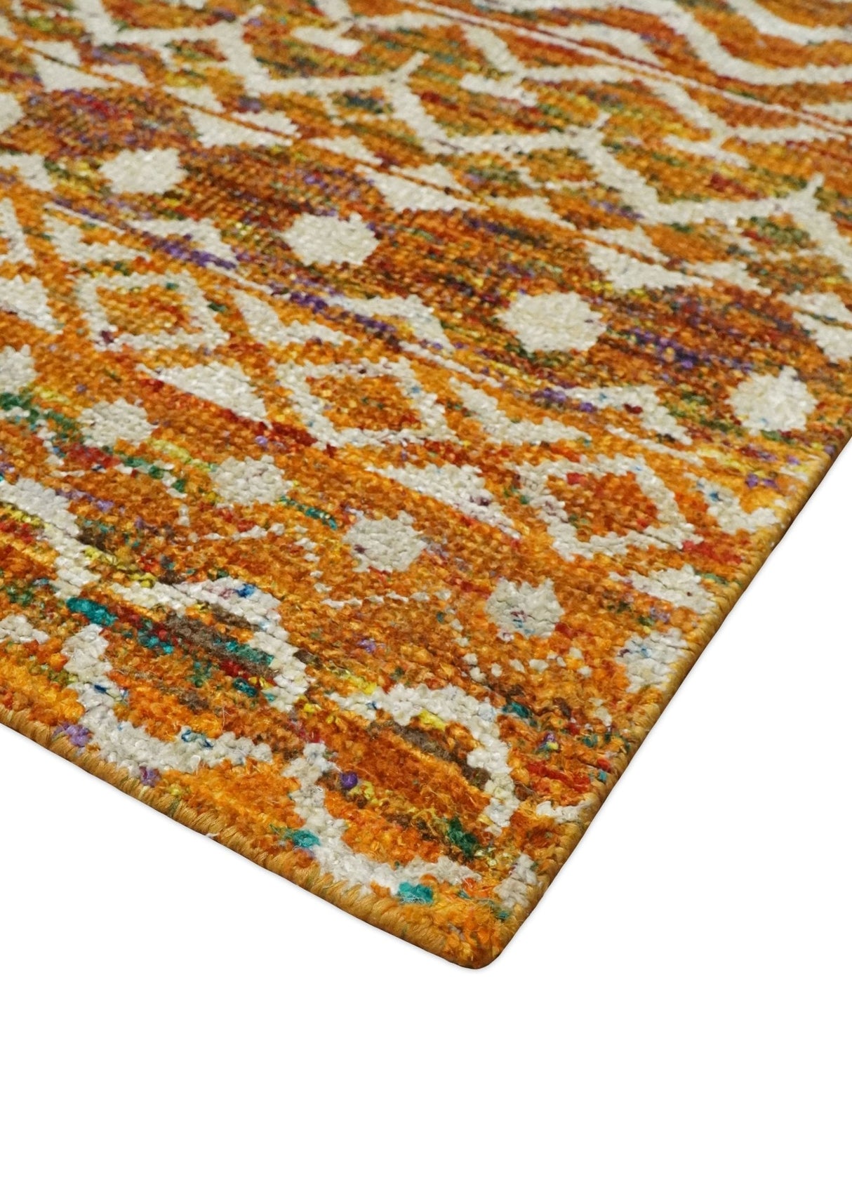 9x12 Hand Knotted Gold and White Modern Contemporary Southwestern Tribal Trellis Recycled Silk Area Rug