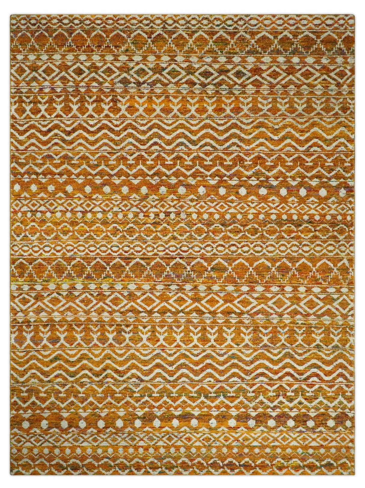 9x12 Hand Knotted Gold and White Modern Contemporary Southwestern Tribal Trellis Recycled Silk Area Rug