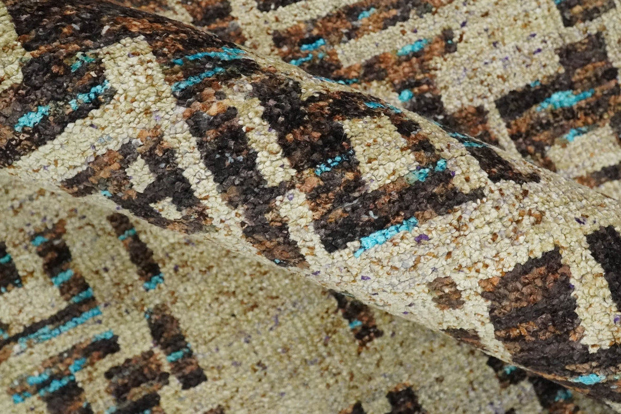 9x12 Hand Knotted Ivory and Brown Modern Abstract Contemporary Recycled Silk Area Rug
