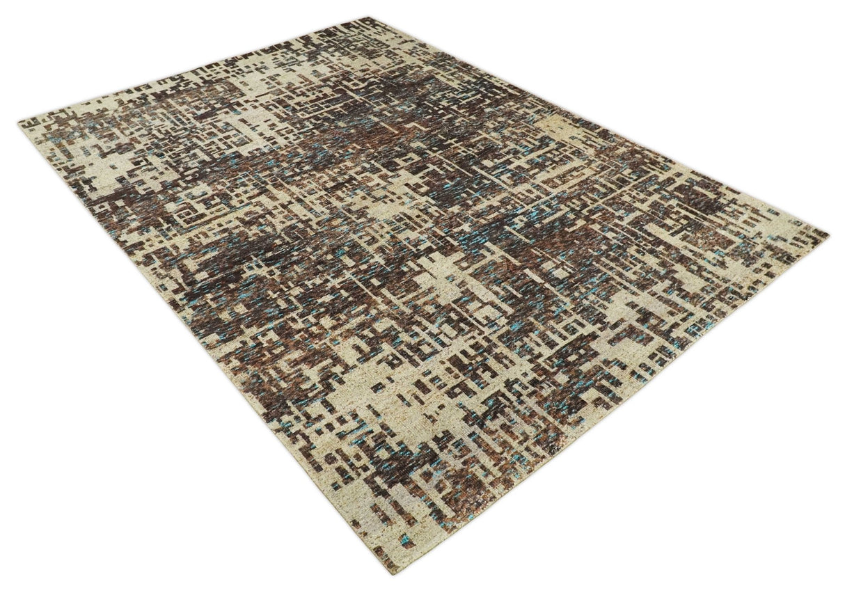 9x12 Hand Knotted Ivory and Brown Modern Abstract Contemporary Recycled Silk Area Rug