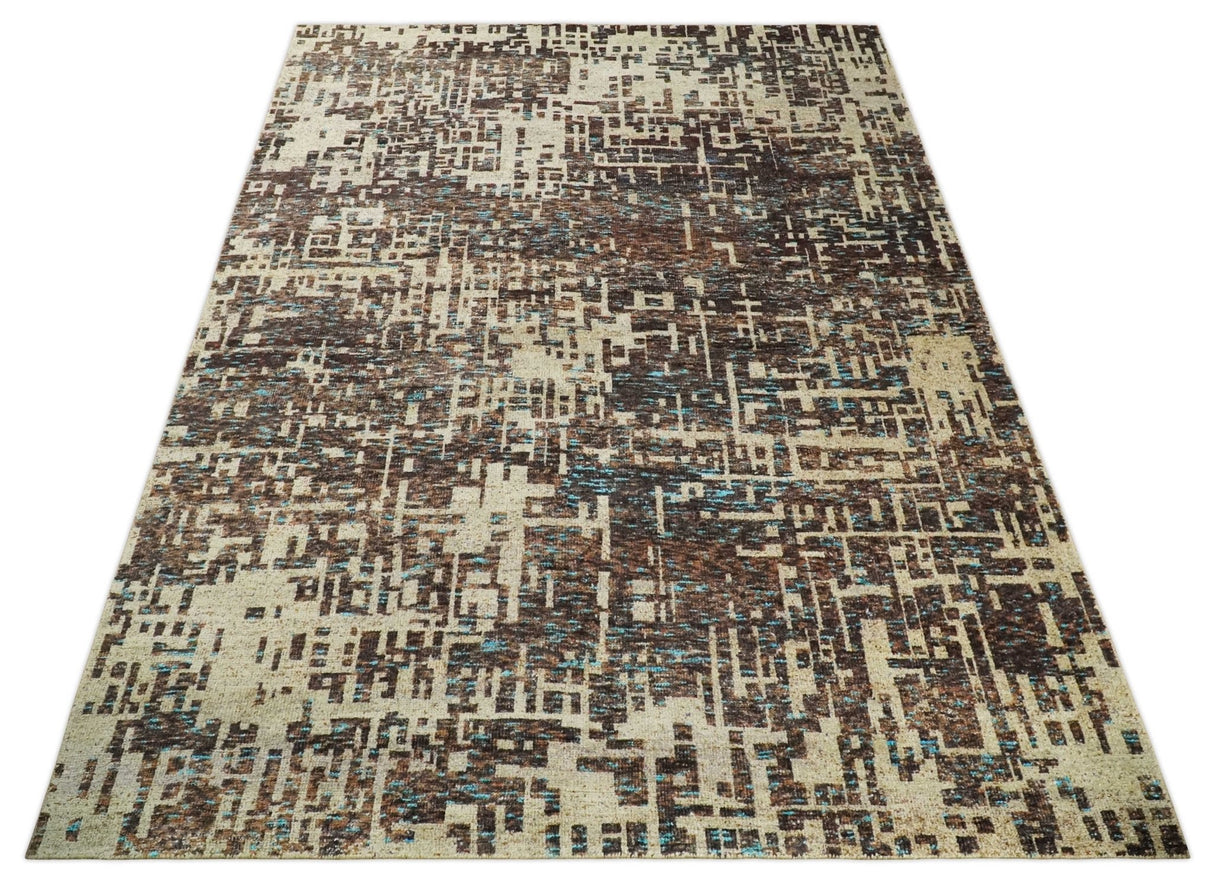 9x12 Hand Knotted Ivory and Brown Modern Abstract Contemporary Recycled Silk Area Rug