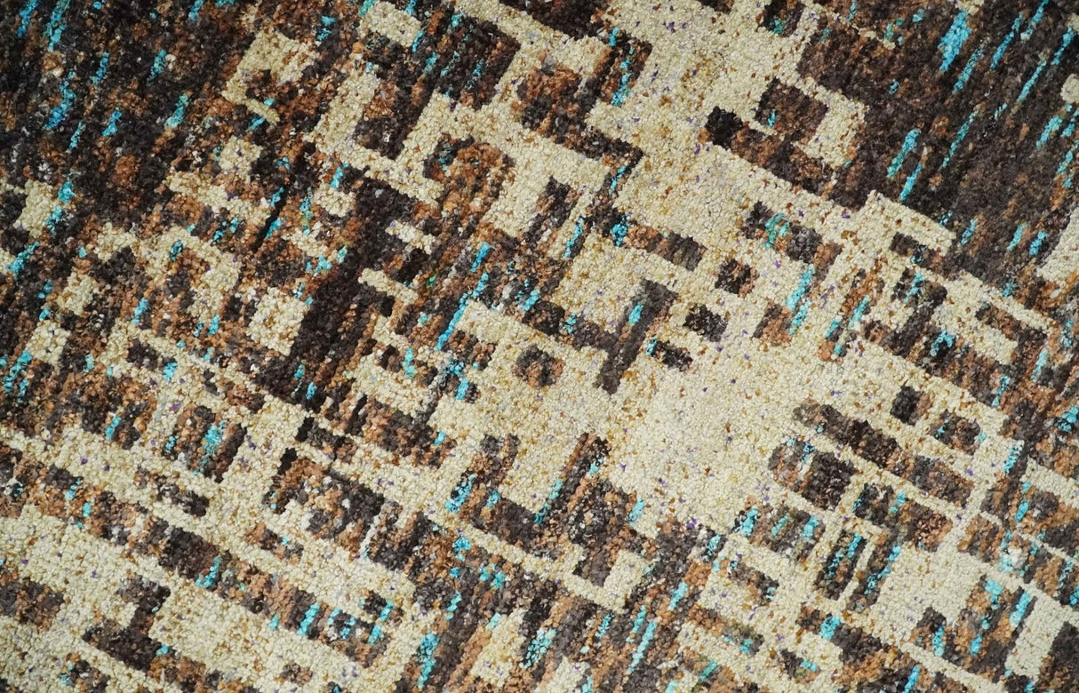 9x12 Hand Knotted Ivory and Brown Modern Abstract Contemporary Recycled Silk Area Rug
