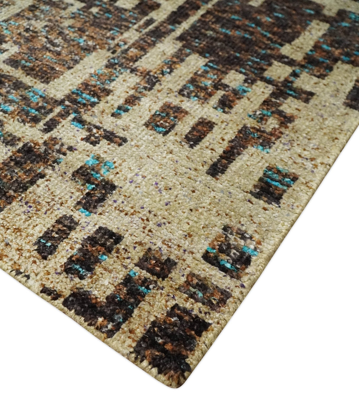 9x12 Hand Knotted Ivory and Brown Modern Abstract Contemporary Recycled Silk Area Rug