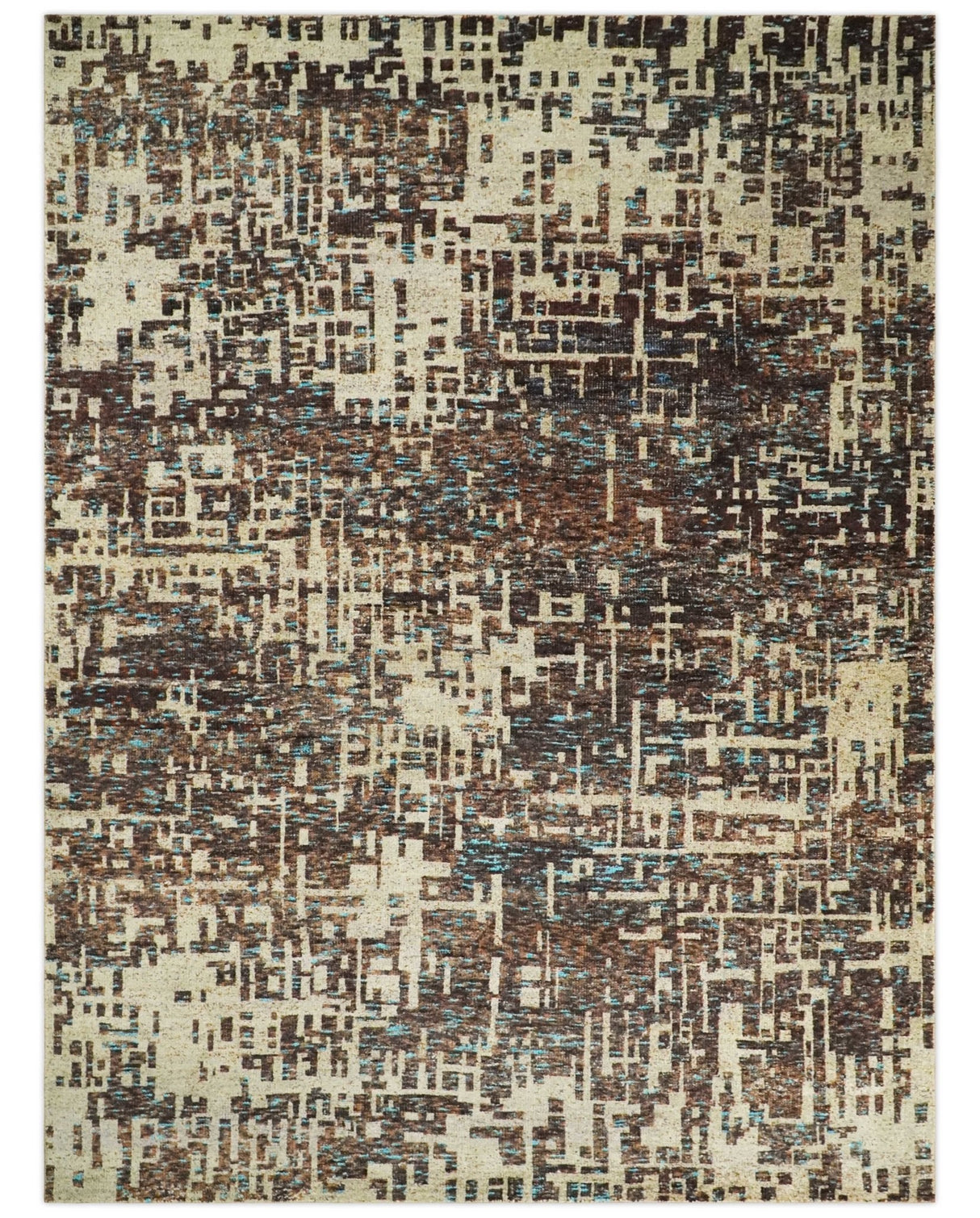 9x12 Hand Knotted Ivory and Brown Modern Abstract Contemporary Recycled Silk Area Rug