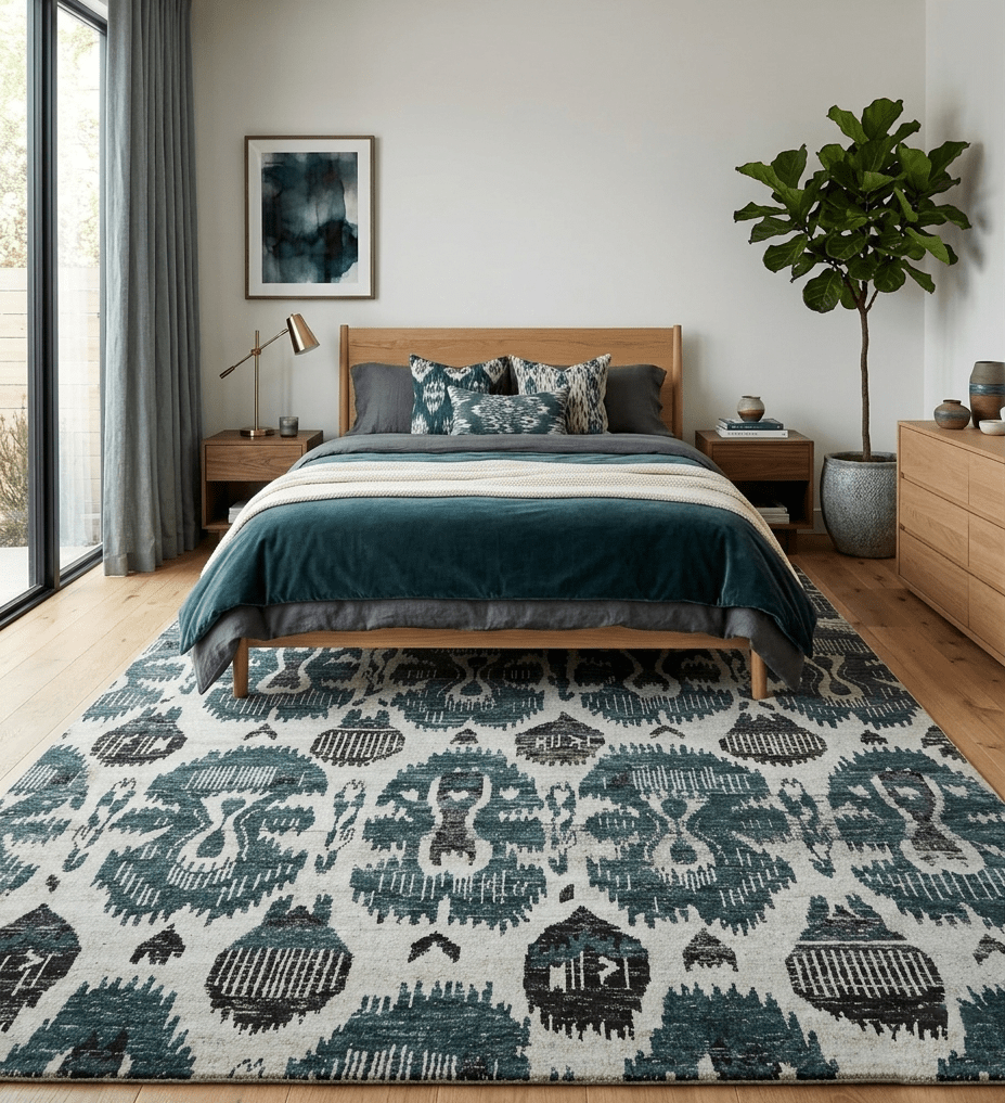 9x12 Hand Knotted Ivory, Teal and Brown Contemporary Style Recycled Silk Area Rug