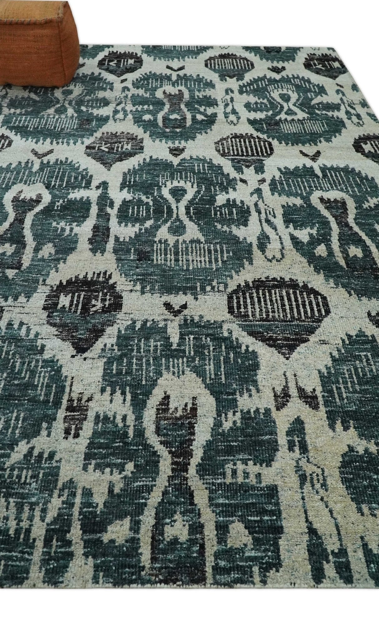 9x12 Hand Knotted Ivory, Teal and Brown Contemporary Style Recycled Silk Area Rug