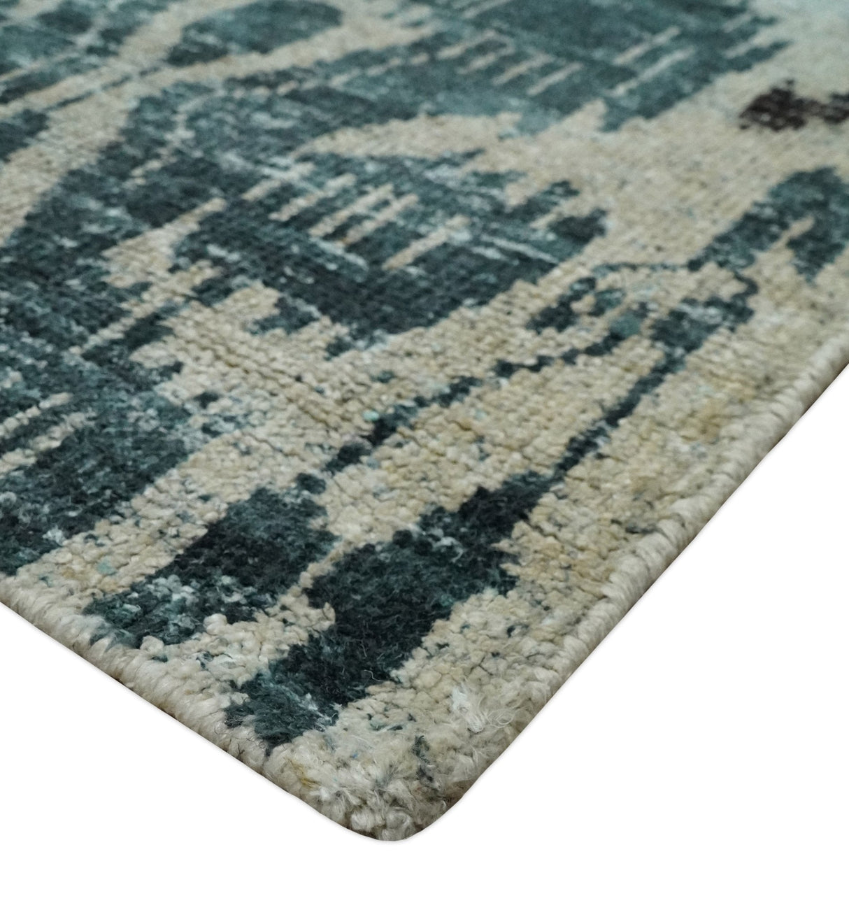 9x12 Hand Knotted Ivory, Teal and Brown Contemporary Style Recycled Silk Area Rug