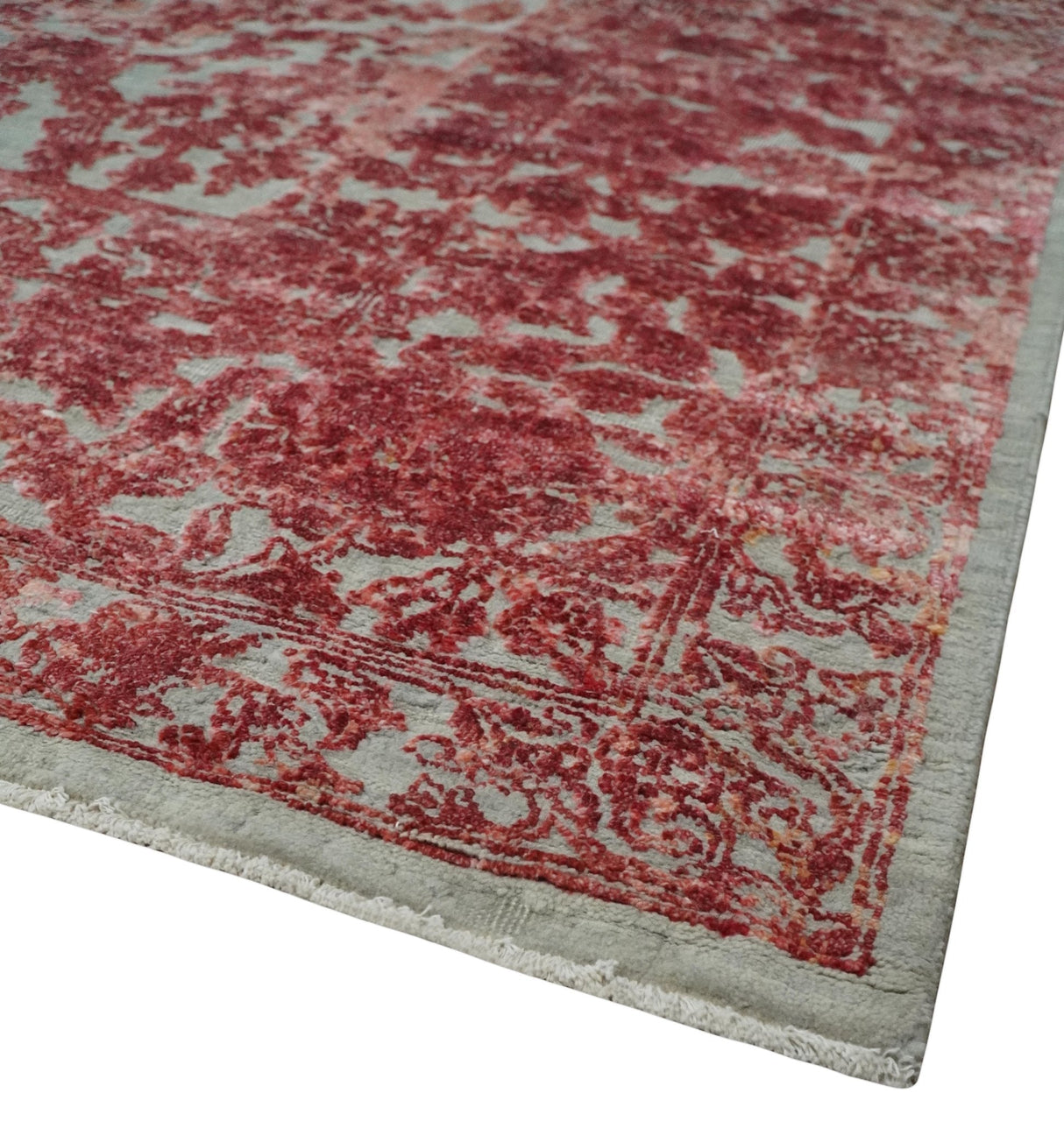 9x12 Hand Knotted Red and Pink Modern Carved Pattern Antique Wool and Silk Area Rug