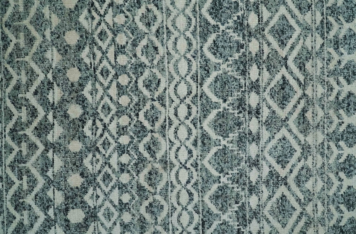 9x13 Hand Knotted Ivory and Teal Blue Modern Contemporary Southwestern Tribal Trellis Recycled Silk Area Rug