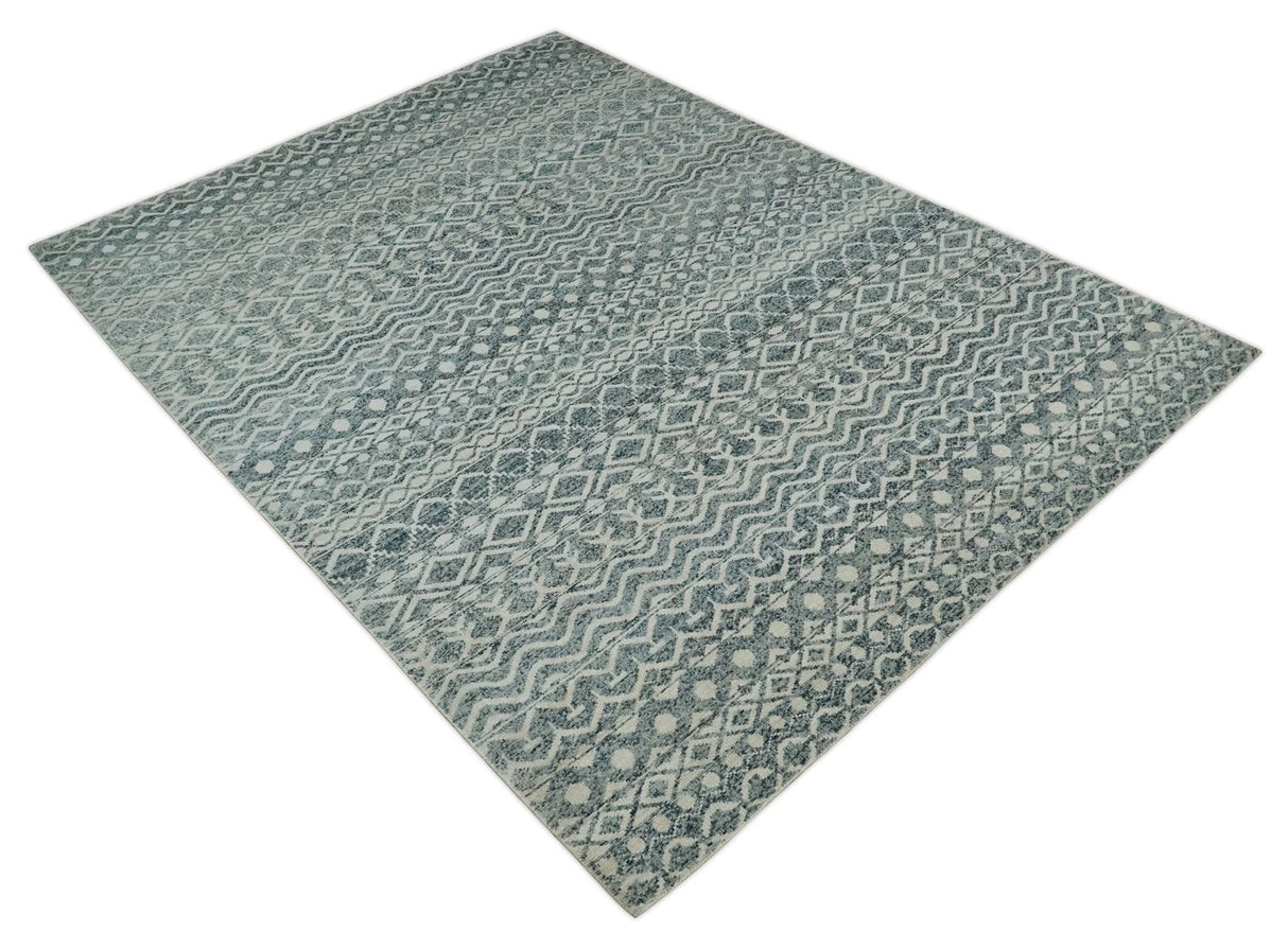 9x13 Hand Knotted Ivory and Teal Blue Modern Contemporary Southwestern Tribal Trellis Recycled Silk Area Rug