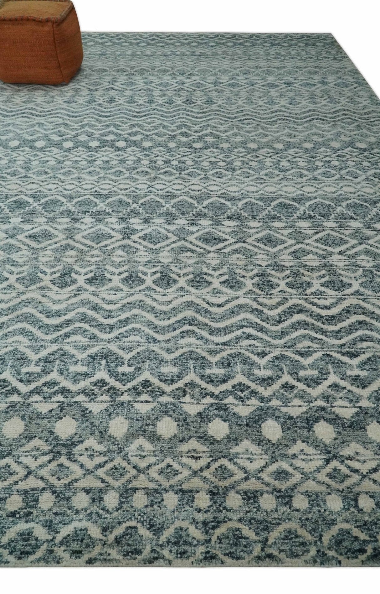 9x13 Hand Knotted Ivory and Teal Blue Modern Contemporary Southwestern Tribal Trellis Recycled Silk Area Rug