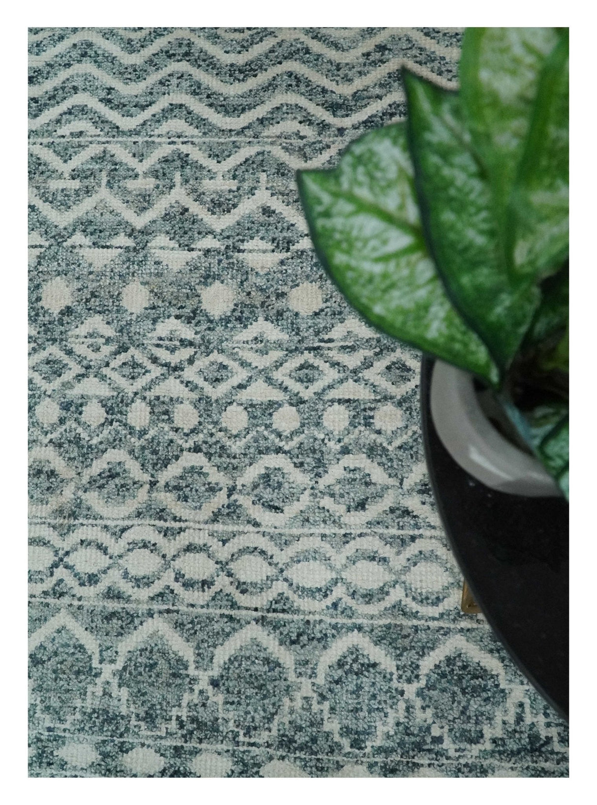 9x13 Hand Knotted Ivory and Teal Blue Modern Contemporary Southwestern Tribal Trellis Recycled Silk Area Rug