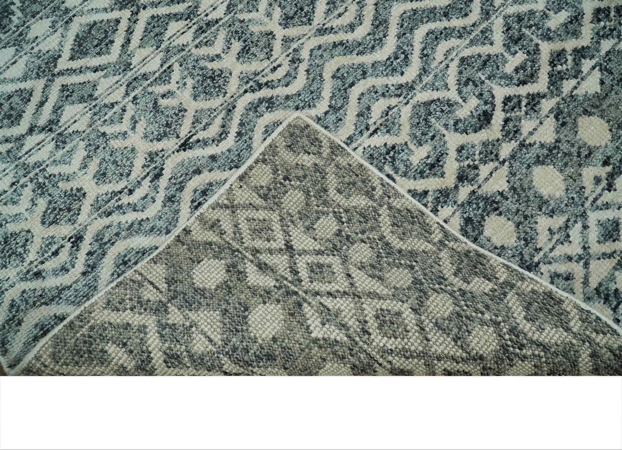 9x13 Hand Knotted Ivory and Teal Blue Modern Contemporary Southwestern Tribal Trellis Recycled Silk Area Rug