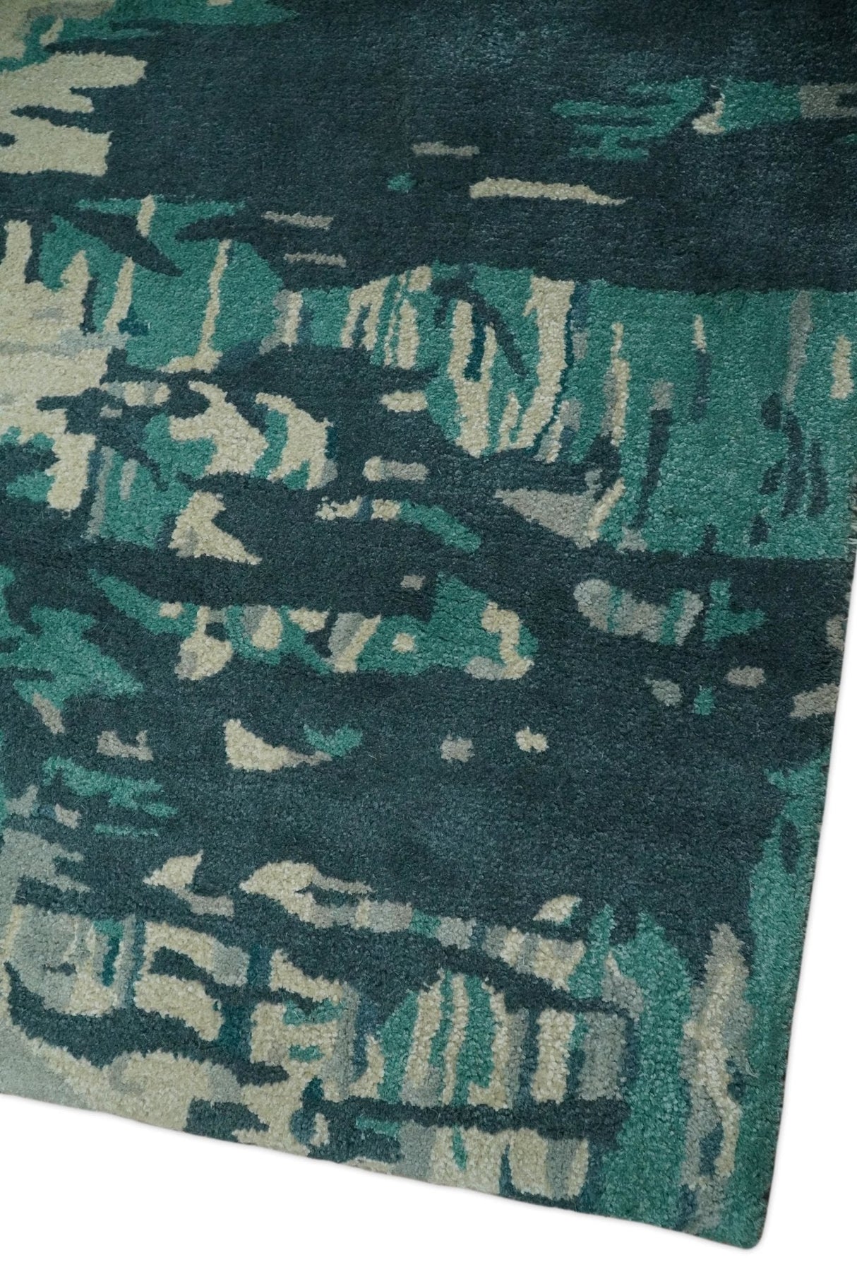 9x9 Square Teal and Beige Modern Abstract Handmade Wool and Art Silk Area Rug