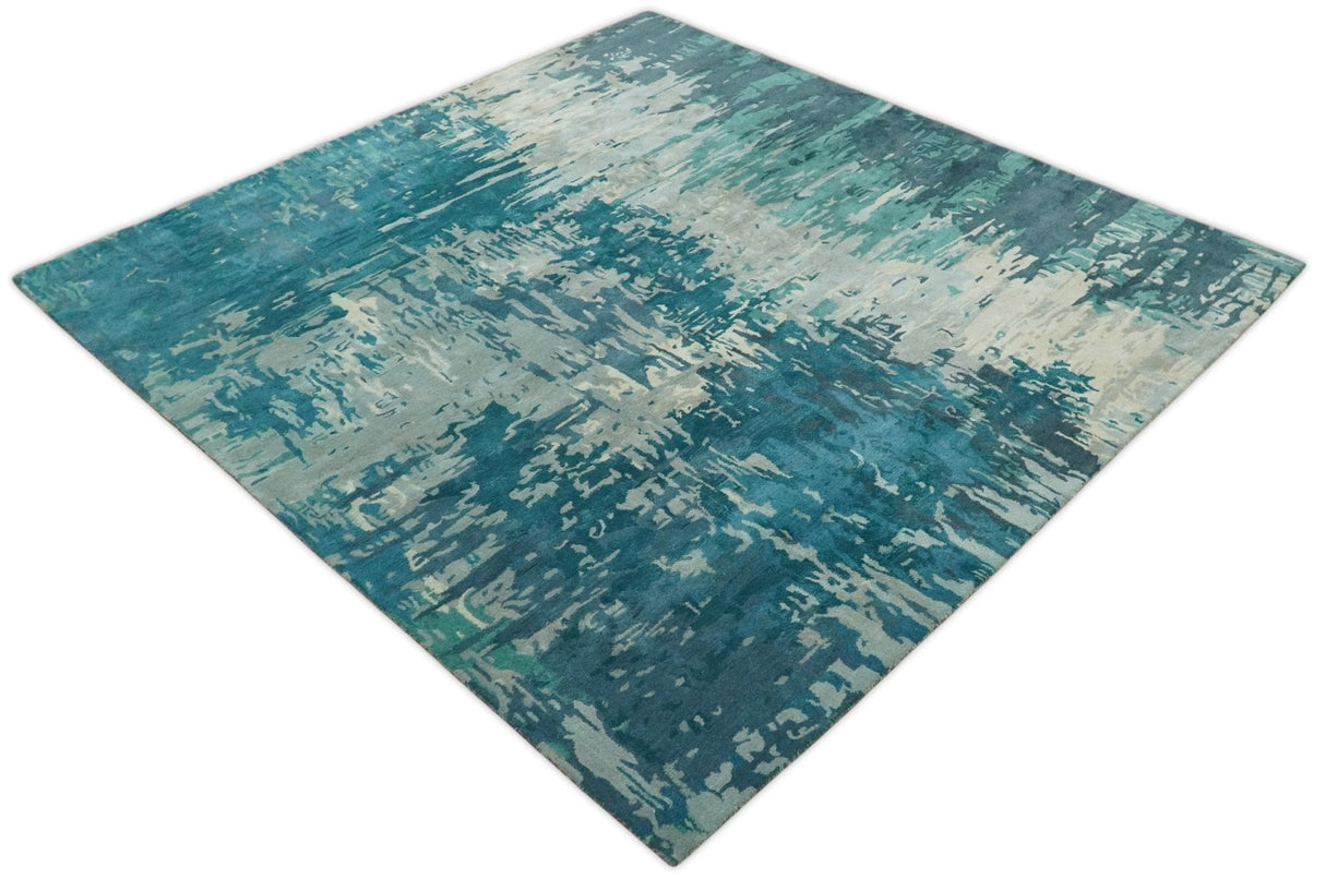 9x9 Square Teal and Beige Modern Abstract Handmade Wool and Art Silk Area Rug