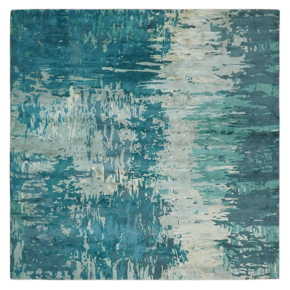 9x9 Square Teal and Beige Modern Abstract Handmade Wool and Art Silk Area Rug