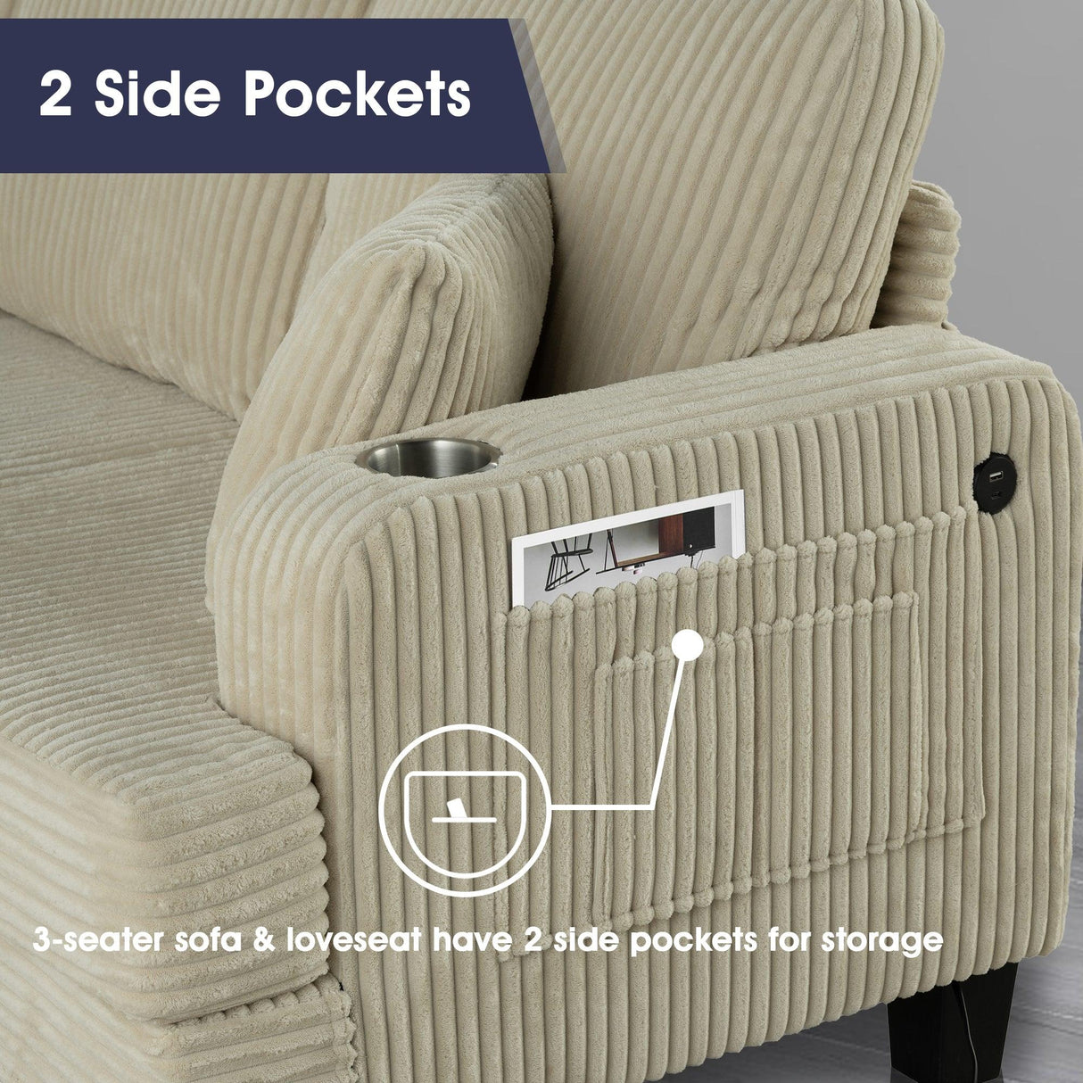 Beige 3 Piece Set Comfy Sofa Couch 3-Seater & Loveseat Sofa with Storage Ottoman with USB-Parc Decor