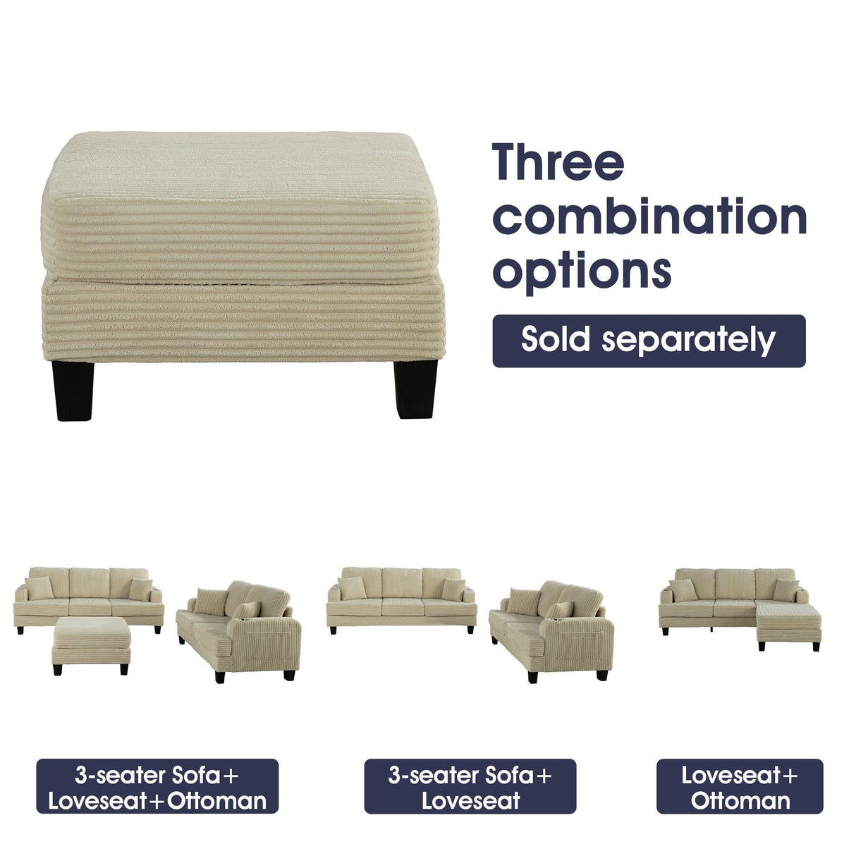 Beige 3 Piece Set Comfy Sofa Couch 3-Seater & Loveseat Sofa with Storage Ottoman with USB-Parc Decor