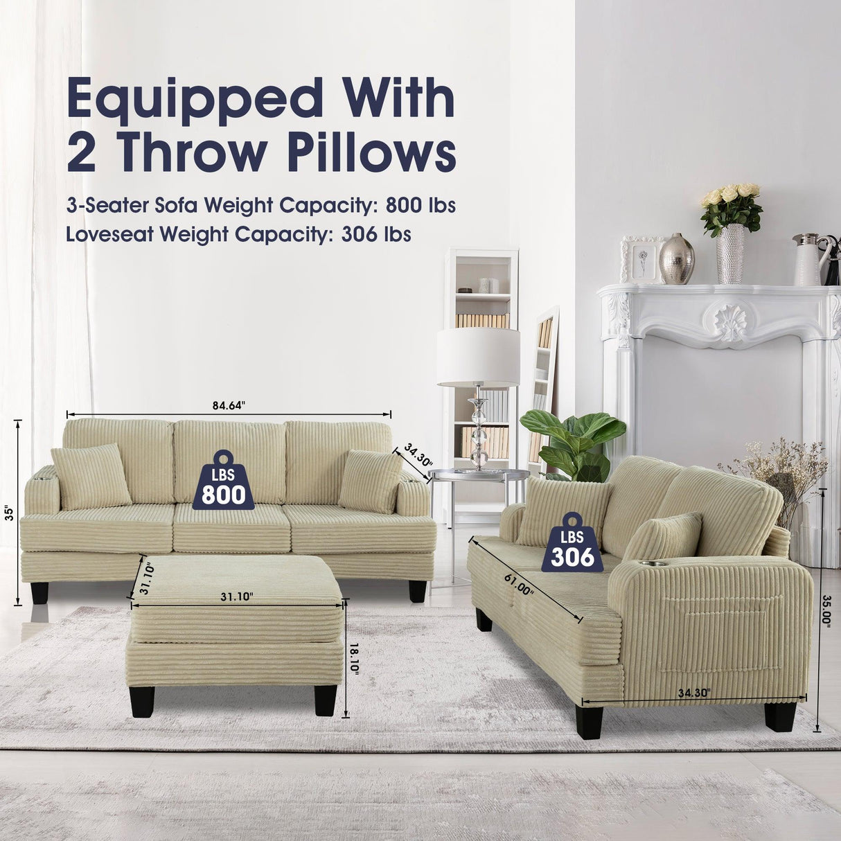 Beige 3 Piece Set Comfy Sofa Couch 3-Seater & Loveseat Sofa with Storage Ottoman with USB-Parc Decor