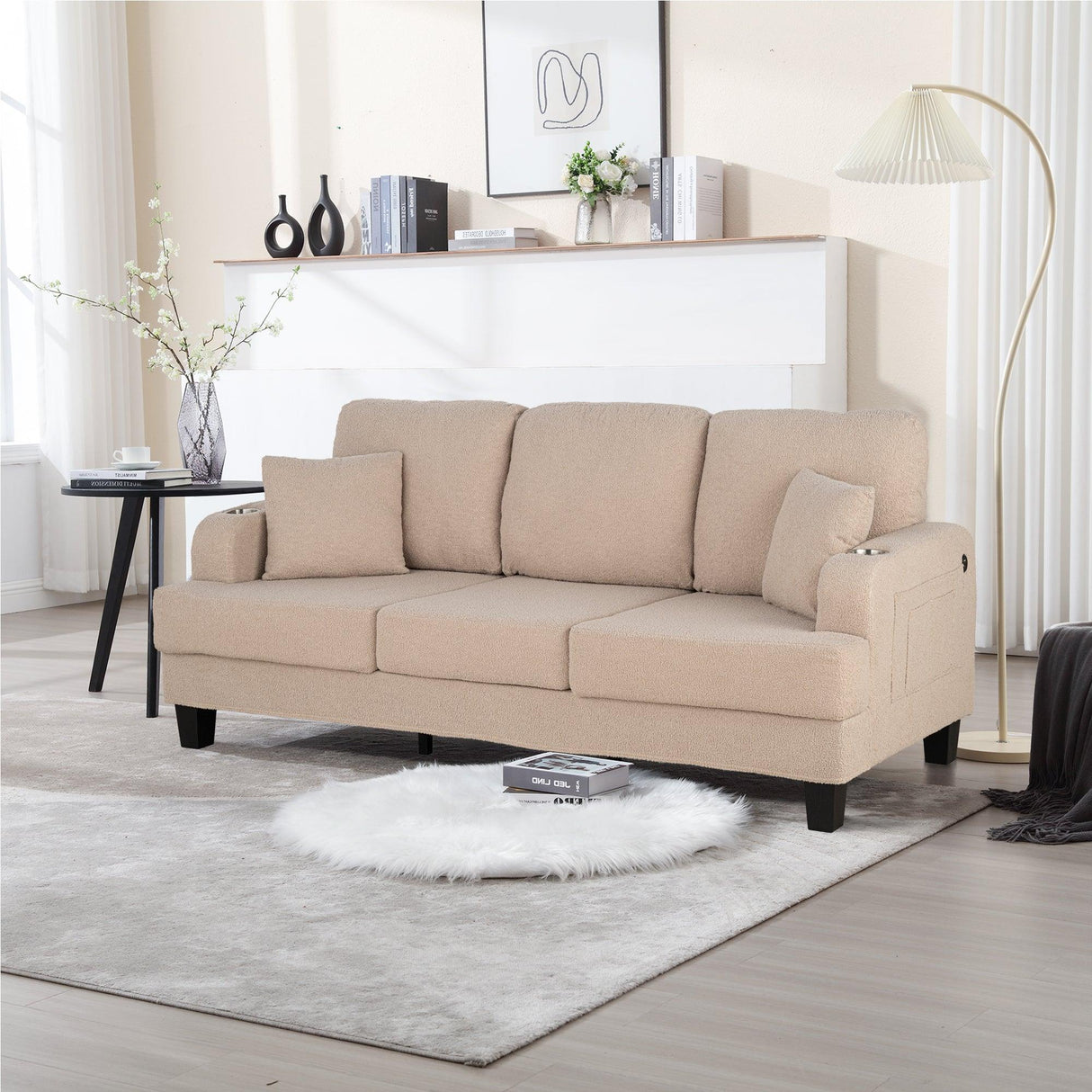 Beige 3-Piece Sofa Set with Storage Ottoman & USB Charging-Parc Decor