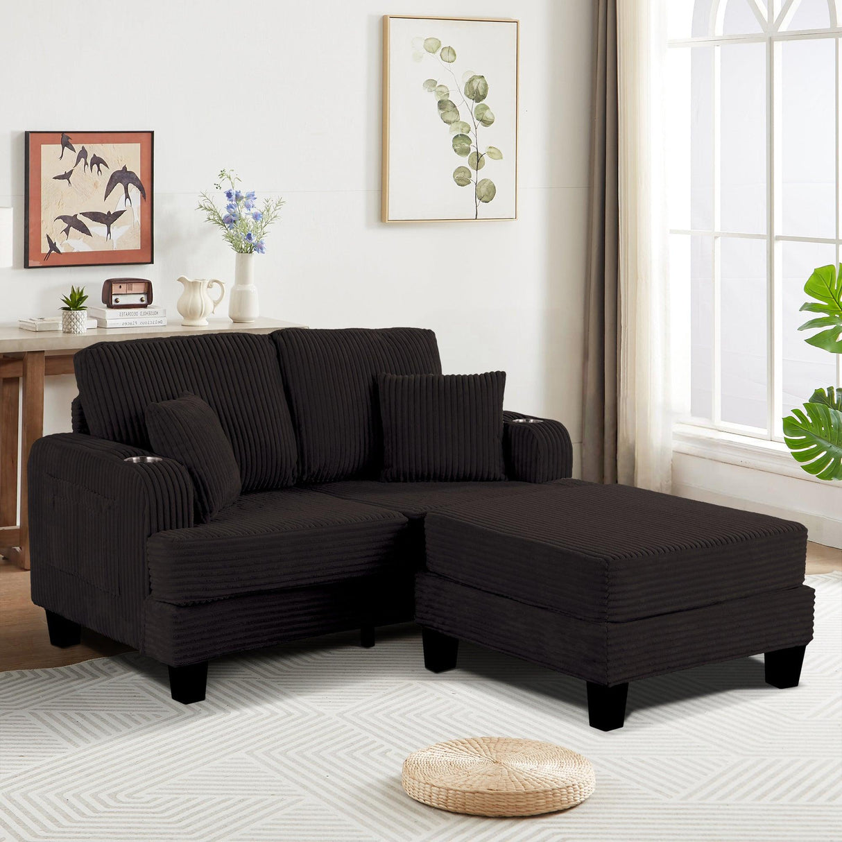 Black 3 Piece Set Comfy Sofa Couch 3-Seater & Loveseat Sofa with Storage Ottoman for Living Room with USB, Side Pockets, Pillows included-Parc Decor