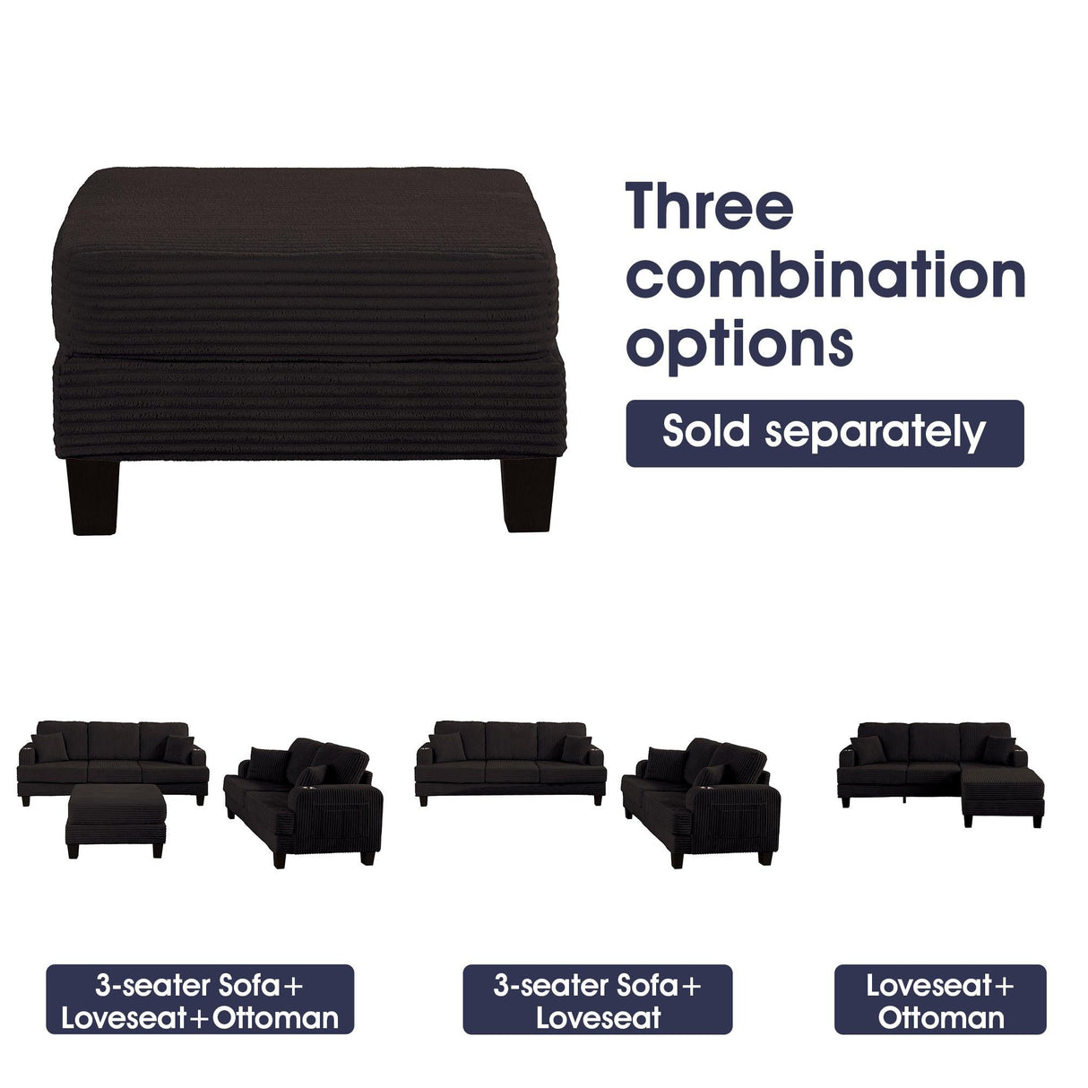 Black 3 Piece Set Comfy Sofa Couch 3-Seater & Loveseat Sofa with Storage Ottoman for Living Room with USB, Side Pockets, Pillows included-Parc Decor